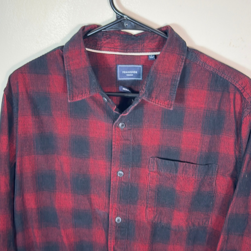 7 Diamonds Mens Large Corduroy Plaid Button Up Shirt Red Black - Picture 2 of 7